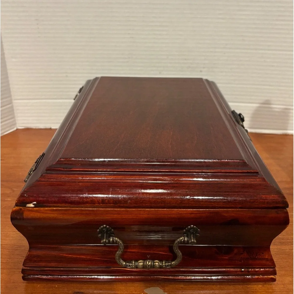 Vintage Wooden Keepsake Jewelry Box Cherry Finish Velvet Lined Brass Latch 11.5